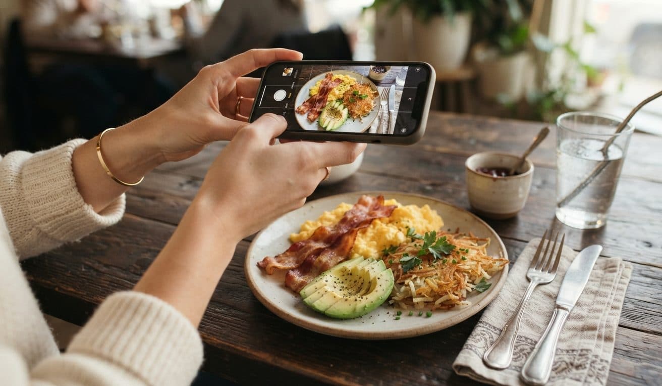 A plate with hashbrowns, about to be photographed for the food scan