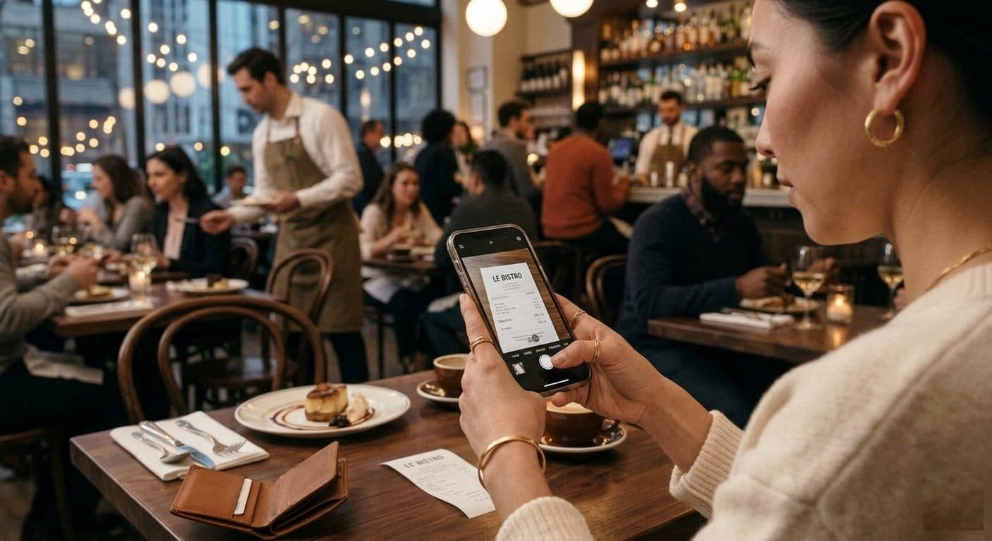 Photographing the check at a restaurant table